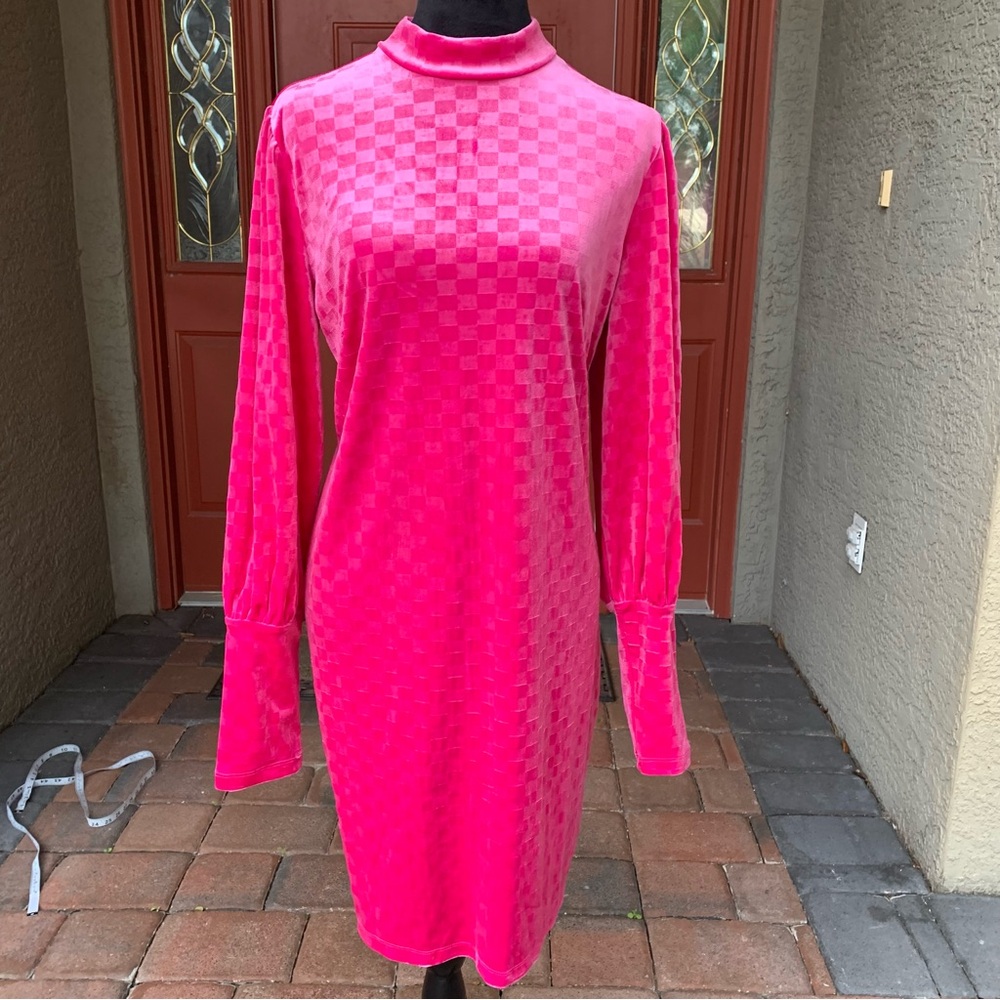 Retro Pink Velvet Long Sleeve Mock Neck Mini Dress